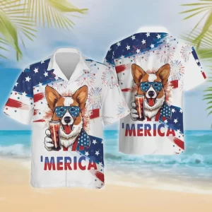 Cheerful Corgi Dog Hawaiian Button Down Shirt Summer Beach Unisex