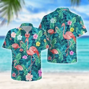 Flamingo Green Tropical Hawaiian Button Down Shirt Beach Unisex