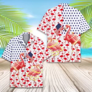 Patriotic Flamingo 4th of July Hawaiian Button Down Shirt Unisex